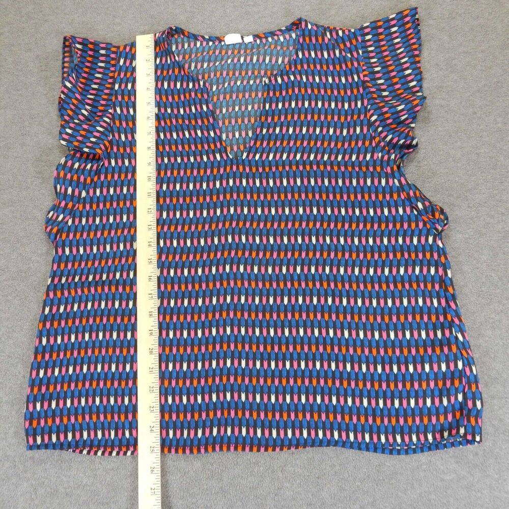 Gap Womens Shirt Large Blue Pink VNeck Flowy Geometric Lightweight Ruffle Sleeve - Picture 3 of 8